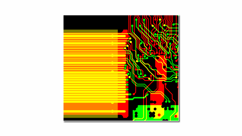 A detailed illustration of a controlled impedance microstrip transmission line on a printed circuit board (PCB), showcasing the relationship between the signal trace, dielectric material, and ground plane. This design ensures consistent impedance for high-frequency signal integrity.(
