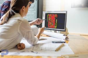 Two engineers looking at a computer screen with a CAD drawing.