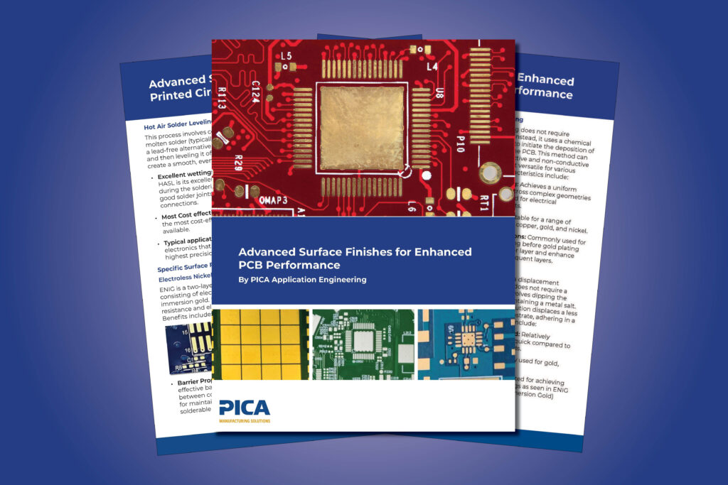 An illustration depicting various advanced surface finishes for printed circuit boards (PCBs), including Electroless Nickel Immersion Gold (ENIG), Organic Solderability Preservatives (OSP), Hot Air Solder Leveling (HASL), and Carbon Ink coatings. These finishes are essential for enhancing solderability, corrosion resistance, and overall performance in high-reliability applications such as medical, aerospace, and telecommunications