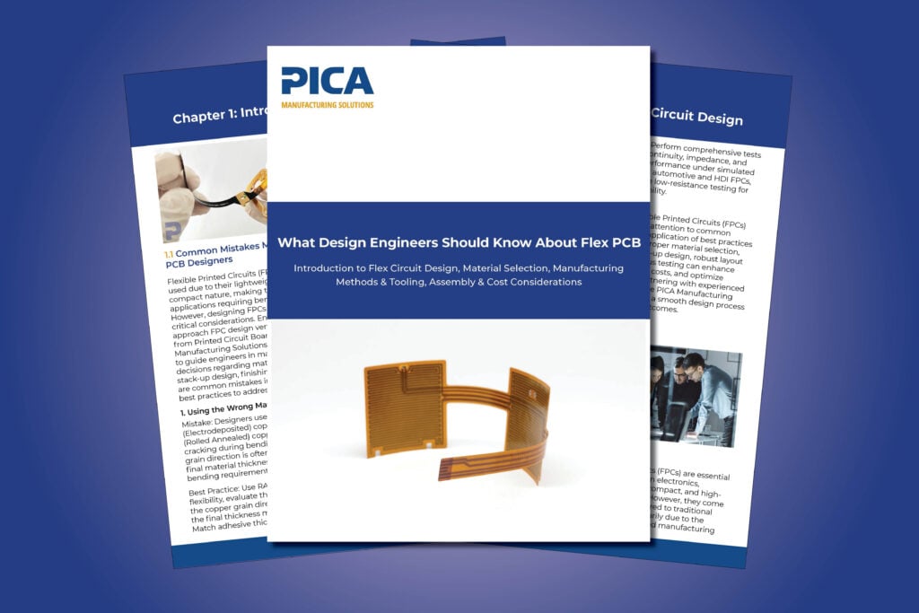 Cover image of PICA Manufacturing Solutions' eBook titled "What Design Engineers Should Know About Flex PCB," offering in-depth insights into flex circuit design, material selection, manufacturing methods, and cost considerations