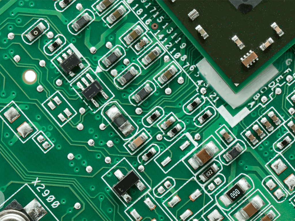 A detailed view of a printed circuit board (PCB) during the component assembly process at PICA Manufacturing Solutions, showcasing the integration of surface mount technology (SMT) and through-hole technology (THT) for high-reliability electronic systems.