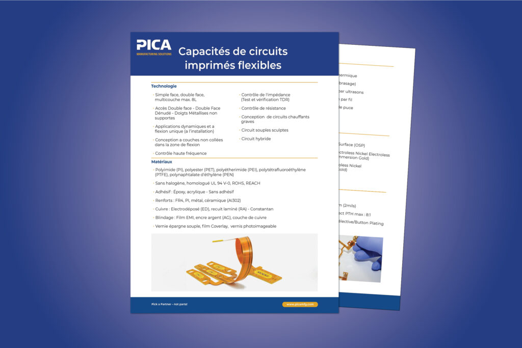 An infographic highlighting PICA Manufacturing Solutions' comprehensive capabilities in flexible and rigid-flex PCB manufacturing, including design support, advanced assembly techniques, and engineering-driven solutions tailored for various industries
