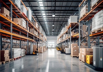 Warehouse aisle with pallets and boxes for global logistics
