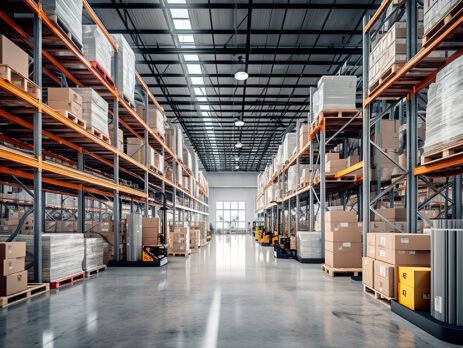 Warehouse aisle with pallets and boxes for global logistics