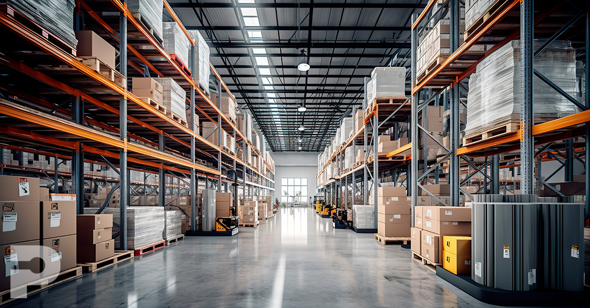 Warehouse aisle with pallets and boxes for global logistics