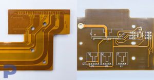 Flex PCB (left) and rigid PCB (right) showing trace routing and layout differences.