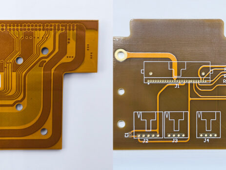 Flex PCB (left) and rigid PCB (right) showing trace routing and layout differences.
