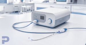 Compact medical diagnostic device with tubing and catheter on a clean laboratory table.