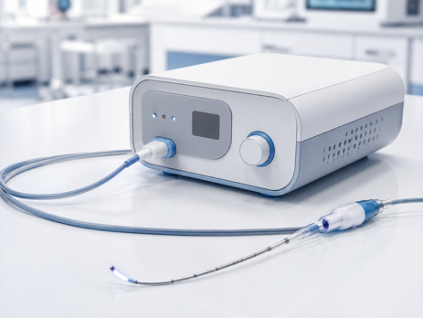 Compact medical diagnostic device with tubing and catheter on a clean laboratory table.