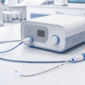 Compact medical diagnostic device with tubing and catheter on a clean laboratory table.