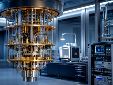 Quantum computing hardware in a cryogenic laboratory with a dilution refrigerator, wiring, and control equipment.