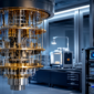 Quantum computing hardware in a cryogenic laboratory with a dilution refrigerator, wiring, and control equipment.
