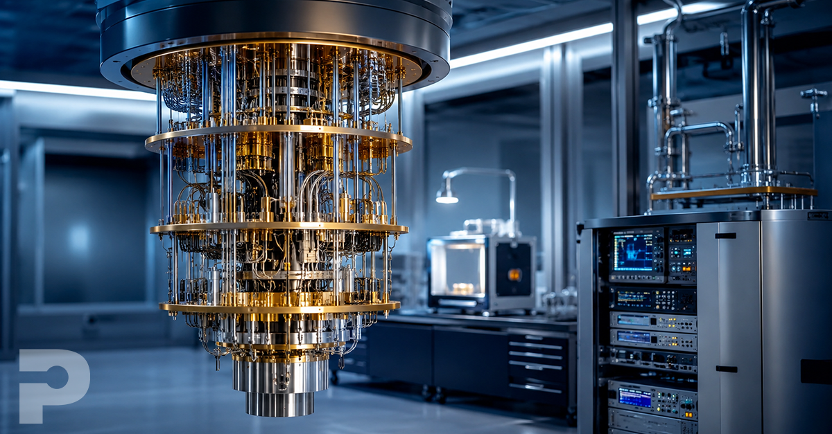 Quantum computing hardware in a cryogenic laboratory with a dilution refrigerator, wiring, and control equipment.