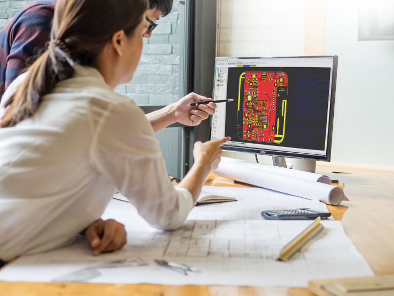 PICA engineers reviewing a printed circuit board design