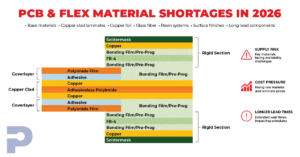 Rigid-flex PCB stackup highlighting 2026 material shortages affecting copper, FR-4, prepreg, polyimide, adhesives, surface finishes, and long-lead components.