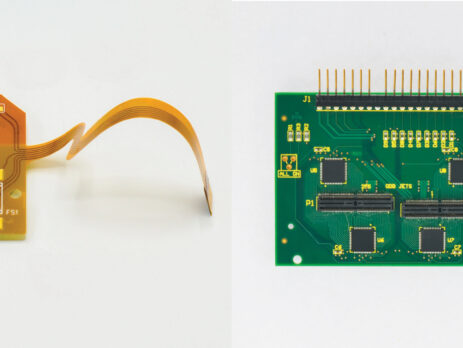 Flexible printed circuit and green rigid PCB displayed side by side, showcasing PICA’s flex and rigid circuit manufacturing capabilities.