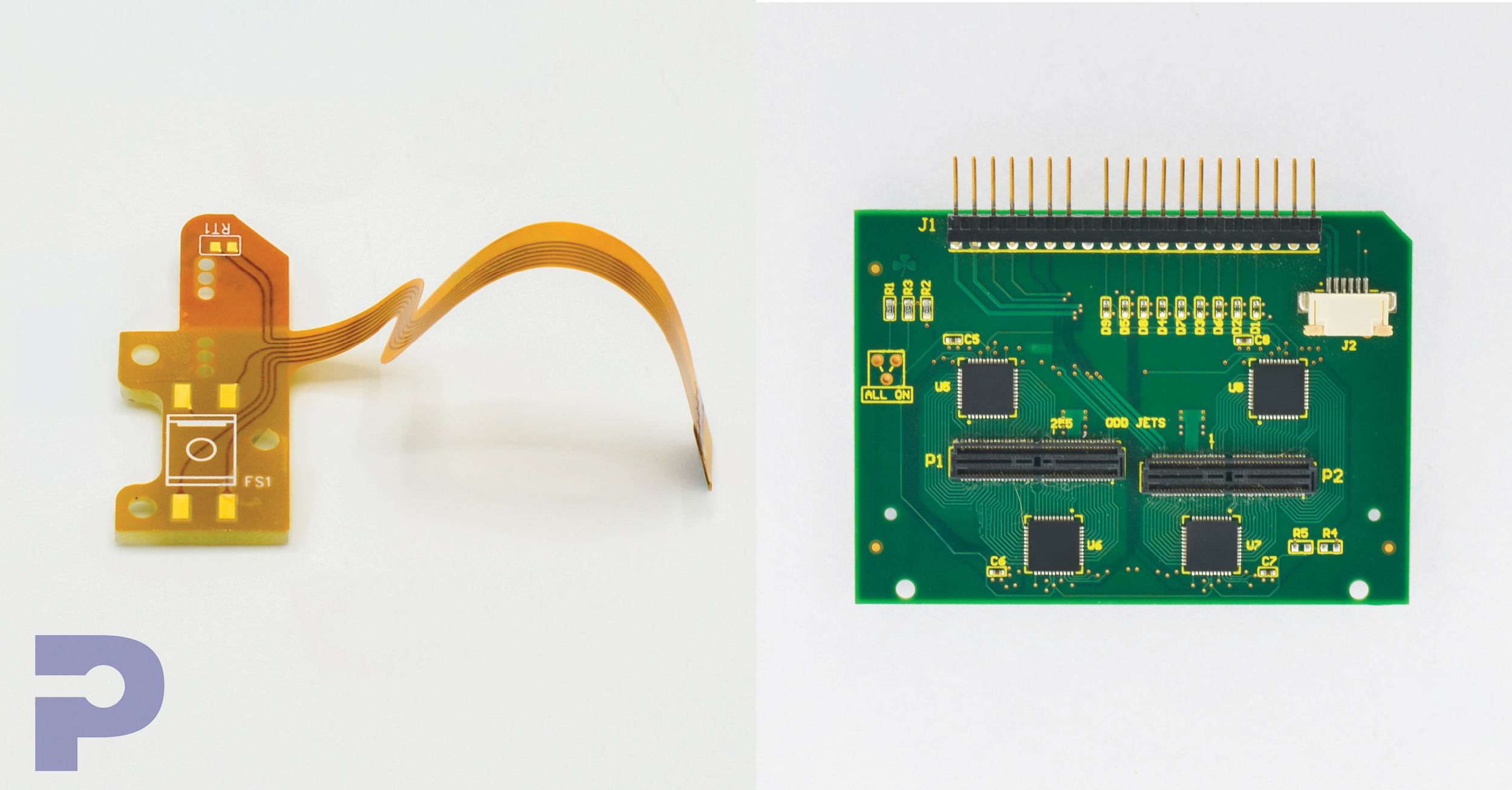Flexible printed circuit and green rigid PCB displayed side by side, showcasing PICA’s flex and rigid circuit manufacturing capabilities.