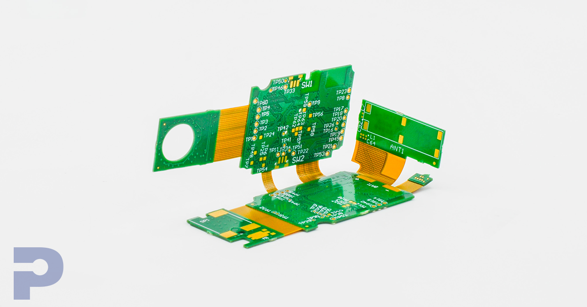 Rigid-flex PCB assembly featuring green circuit boards connected by flexible copper interconnects.